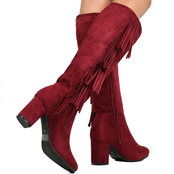*Sz 6.5 left*Burgundy Fringe Knee High Suede Boots - Picture 3 of 4